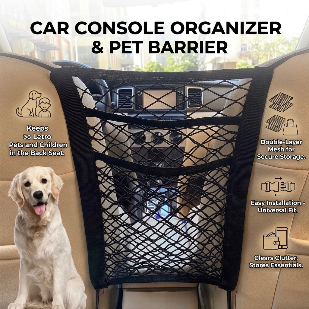 DriveSafe™ Double-Layer Pet Car Barrier & Mesh Storage Net