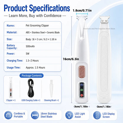 Professional Electric Pet Hair Trimmer | Waterproof, Quiet & LED Light for Dogs & Cats