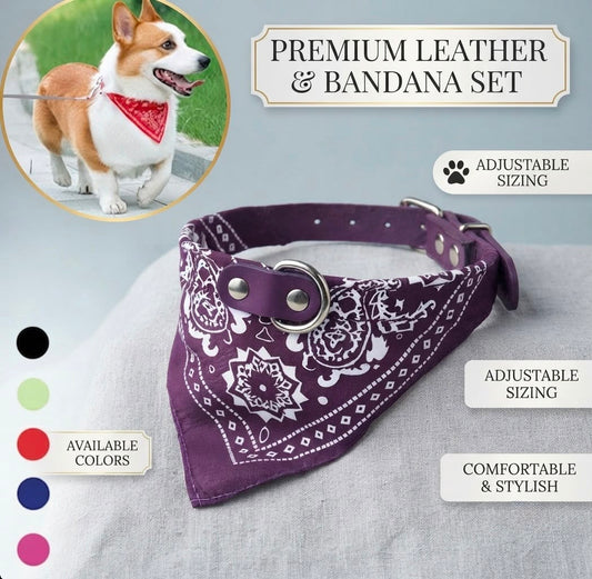 Adjustable PU Dog Collar with Bandana Scarf for Small & Medium Dogs